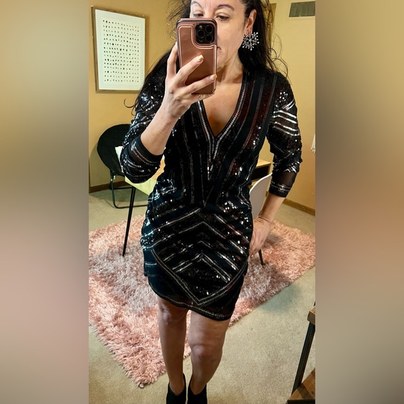 Express Holiday New Years Black Sequin Long Sleeve Party Dress size L - Picture 3 of 11